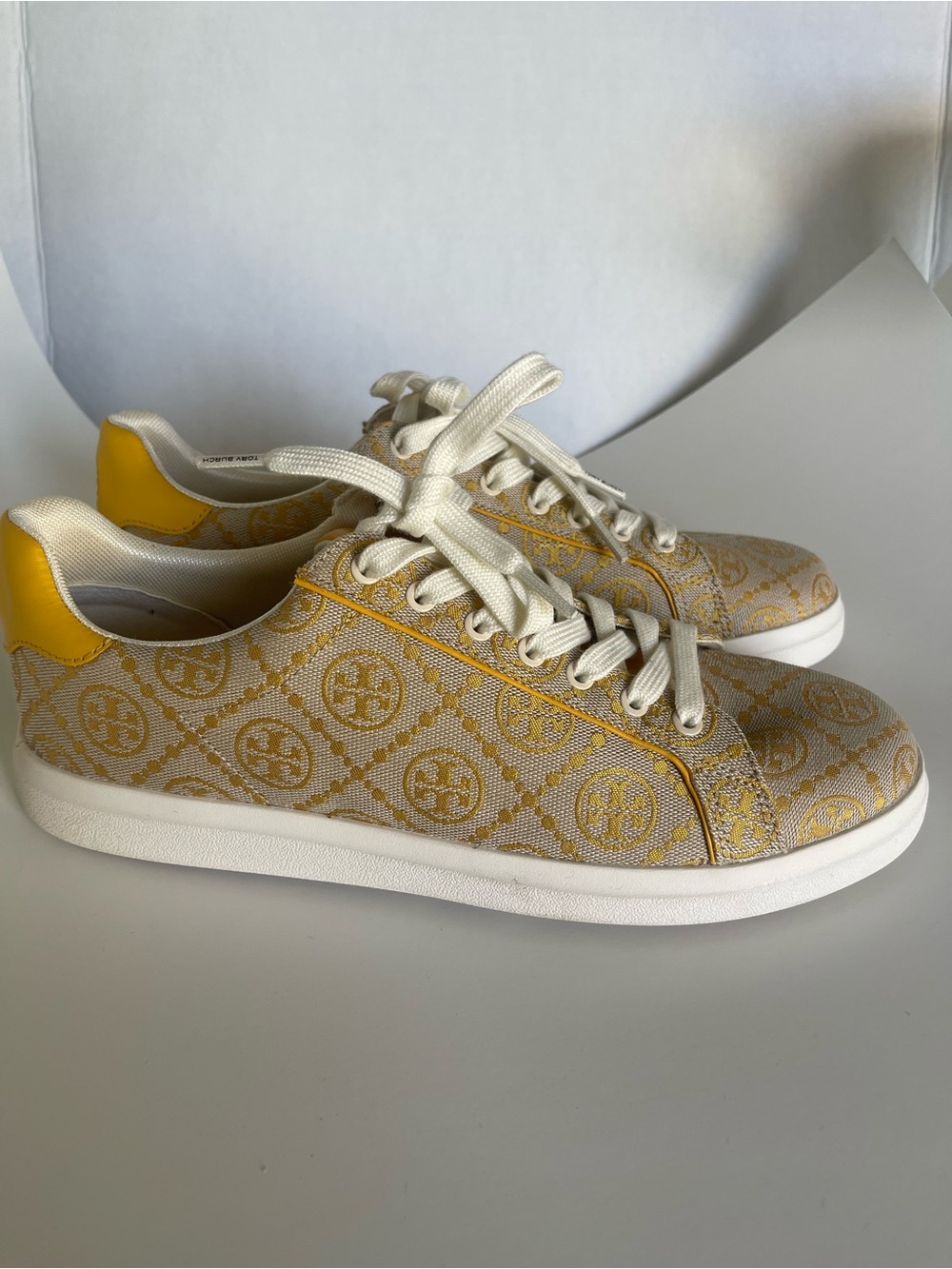 Tory Burch Cream and Mustard Logo Jacquard Sneakers - Picture 2 of 7
